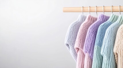 Pastel colored sweaters on hangers