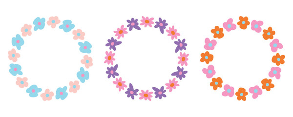 Pastel floral wreaths in soft blue and pink tones, ideal for feminine design, wedding invitations, greeting cards, and delicate spring decorations.