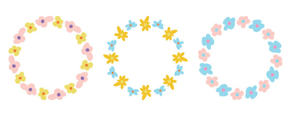 Colorful yellow, blue, and pink floral wreaths brighten up spring parties, handmade invitations, garden-themed decor, and joyful seasonal celebrations.