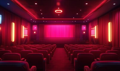 Fototapeta premium Modern cinema interior with vibrant pink lighting and plush seating arrangement