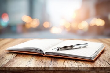 An elegant fountain pen rests atop a blank, open notebook, poised for writing, set against a blurred background, creating a sense of creativity and focus.