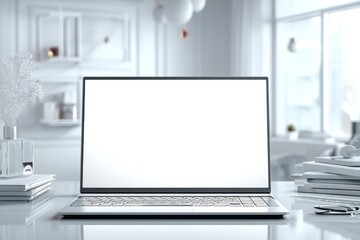 Fototapeta premium A modern workspace featuring a sleek laptop with a blank white screen, perfect for showcasing designs or digital content, surrounded by minimalist decor and soft light.