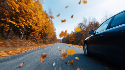 Car speeding through vibrant autumn landscape, golden leaves flying in air, motion blur, dynamic scene, road lined with colorful trees, energetic and lively atmosphere
