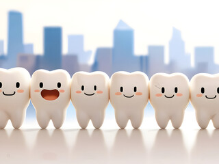 Adorable cartoon teeth representing oral health with a tooth displaying a cavity and city background