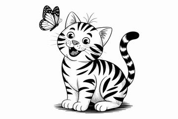 Cute Kitten Playing with Butterfly – Black and White Vector Illustration

