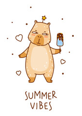 Cute сartoon capybara with ice cream isolated on white background - funny animal for Your happy summer greeting card design