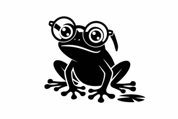 Cute Frog with Glasses – Black and White Cartoon Amphibian Vector Illustration

