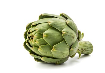Fototapeta premium A single artichoke with green leaves and a short stem on a white background in a studio shot
