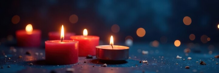 Burning candles on dark blue, unsharp lights, celebration mood , quiet, atmospheric