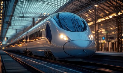 Fototapeta premium High-speed train at modern railway station showcasing sleek design and advanced technology