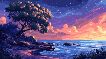 Pixel art sunset over calm ocean with solitary tree on rocky shore.