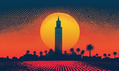 Marrakech skyline silhouette with iconic Koutoubia Mosque against vibrant sunset