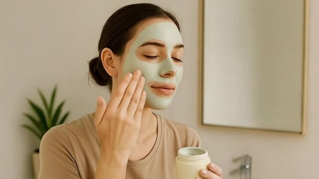 mujer aplicandose una mascarilla de belleza en el cuarto de ba&ntilde;o de su casa