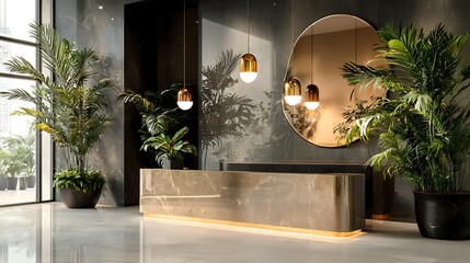 Modern lobby with marble reception desk, plants, and round mirror