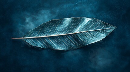 Intricate teal leaf floats amidst smoky dark blue backdrop