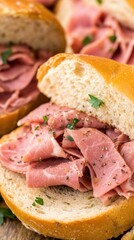 Delicious Ham Sandwich Close Up Food Photography Freshly Prepared Meal on Wooden Surface Indoors