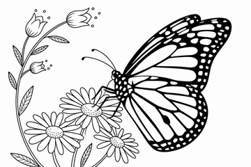 Butterfly and Flower Silhouette - Elegant Black and White Vector Illustration

