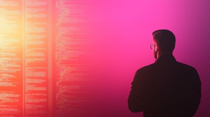 A man in glasses studies lines of code on a glowing screen with a vibrant pink and orange background.