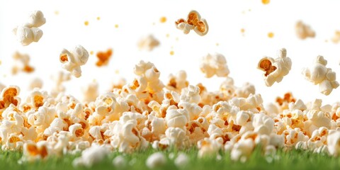 Delicious popcorn flying through the air above a grassy surface during a fun outdoor gathering