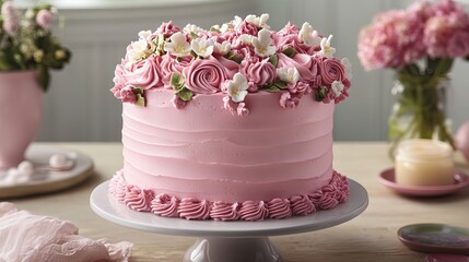 Elegant pink buttercream cake decorated with delicate sugar flowers food sweet party tasty roses