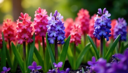 Obraz premium Hyacinth bulbs, vibrant blooms, garden setting, copy space , nature, plant, texture