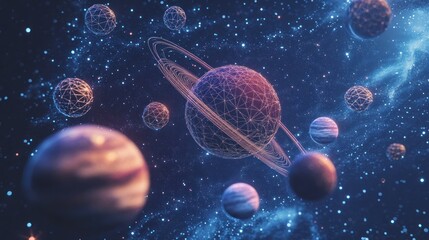 Futuristic planets connected by glowing lines in space.