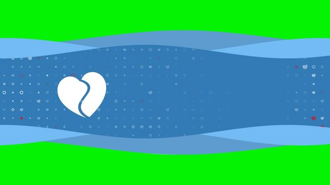 Animation of blue banner waves movement with white two halves of a heart symbol on the left. On the background there are small white shapes. Seamless looped 4k animation on chroma key background