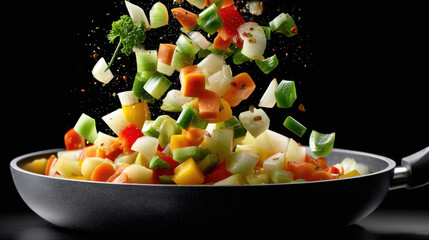 Chopped vegetables falling in a pan