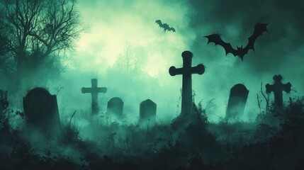 Foggy graveyard with tombstones and crosses under a spooky green sky with bats flying. Halloween night background with dark and misty atmosphere in a cemetery.