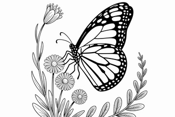 Butterfly and Flower Silhouette - Elegant Black and White Vector Illustration

