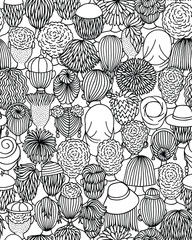 Seamless Vector Pattern of Diverse Doodle Crowd in Black and White – Back View Illustration