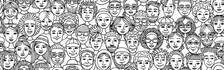 Seamless Hand-Drawn Vector Banner of Diverse Doodle Faces in Black and White