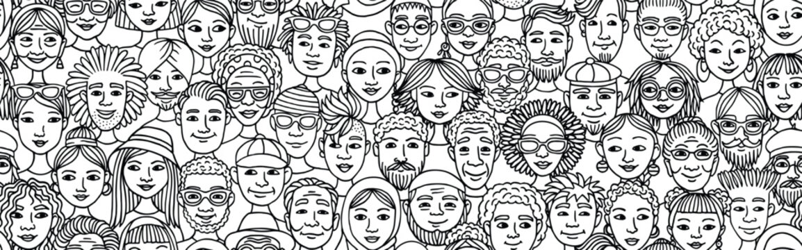 Seamless Hand-Drawn Vector Banner of Diverse Doodle Faces in Black and White