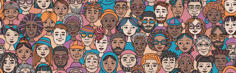 Seamless Hand-Drawn Vector Banner of Diverse Doodle Faces