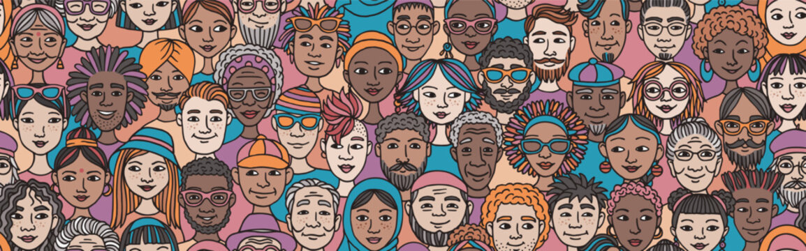 Seamless Hand-Drawn Vector Banner of Diverse Doodle Faces