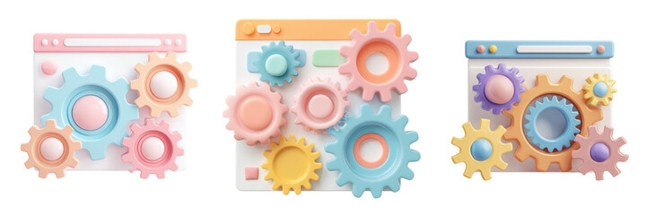 Website settings with colorful gears pastel tones, symbolizing system configuration and technical adjustment. isolated on a transparent background