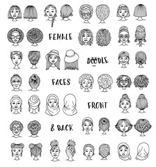 Hand-Drawn Female Doodle Faces in Black and White – Front and Back Vector Illustration Set