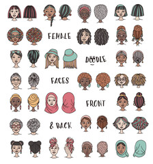 Collection of Hand Drawn Female Doodle Faces – Front and Back Vector Illustration Set