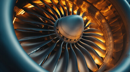 Close up view of an airplane turbine, jet engine rotating