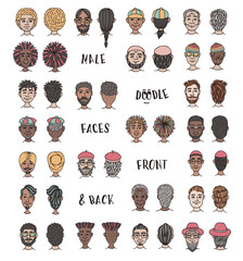 Collection of Hand-Drawn Male Doodle Faces – Front and Back Vector Illustration Set