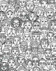 Seamless Hand-Drawn Vector Pattern of Diverse Doodle Faces in Black and White