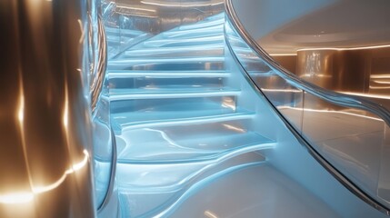 Futuristic staircase illuminated with vibrant blue hues and chrome accents