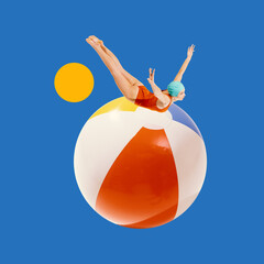 Surreal art design. Woman diving onto beach ball with yellow sun on blue background. Minimalistic...