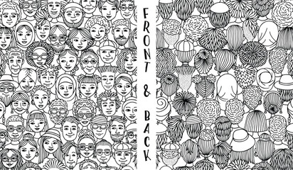 Seamless Hand Drawn Vector Pattern of Diverse Doodle Faces in Black and White – Front and Back View Illustration