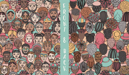 Seamless Hand Drawn Vector Pattern of Diverse Doodle Faces – Front and Back View Illustration