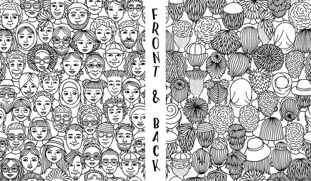 Seamless Hand Drawn Vector Pattern of Diverse Doodle Faces in Black and White &ndash; Front and Back View Illustration