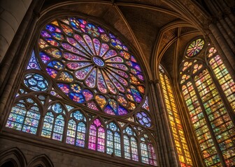 Obraz premium Stained glass pattern, colorful geometric panes, cathedral-style, luminous texture