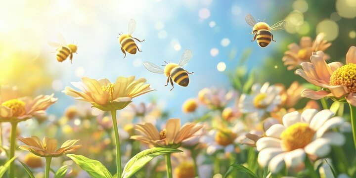 Happy cartoon bees dance in circles above oversized daisies and zinnias, the scene glowing with midday sunshine.