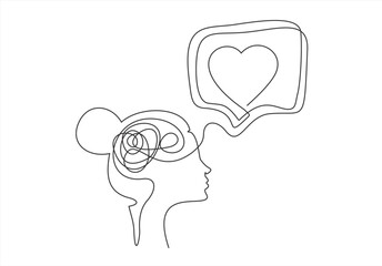 Minimalistic line art depicting a female profile with delicate flowing lines and a heart shape. Editable stroke.