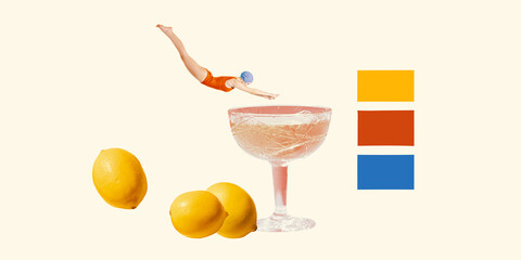 Pop art style collage. Female diver in orange swimsuit jumps into cocktail glass next to lemons and color blocks. Concept of citrus vibe, composition, color, summer, visual design, retro elegance.